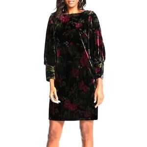 Ann Taylor Dark Floral Velvet Shift Mini Dress with Long Cuffed Sleeves, Size 2P